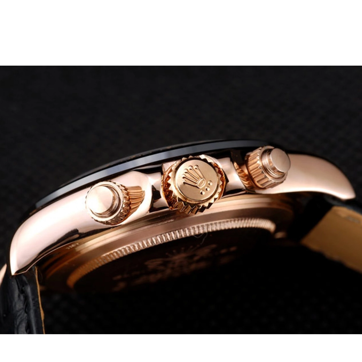 Aaa replica watch Rolex Gold Case Black Rose Daytona Leather Strap Dial Black 0824